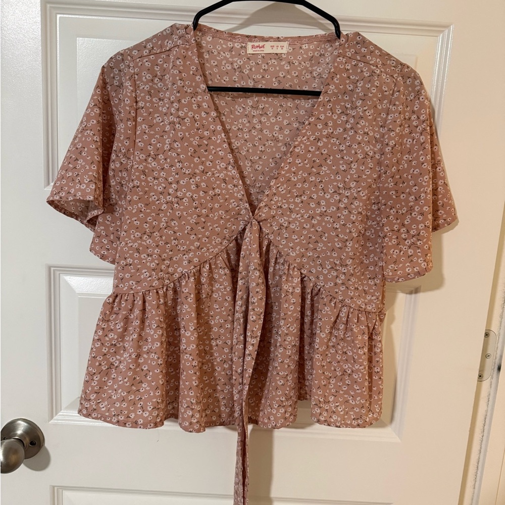ROMWE Dusty Rose Floral Tie-Front Peplum Blouse